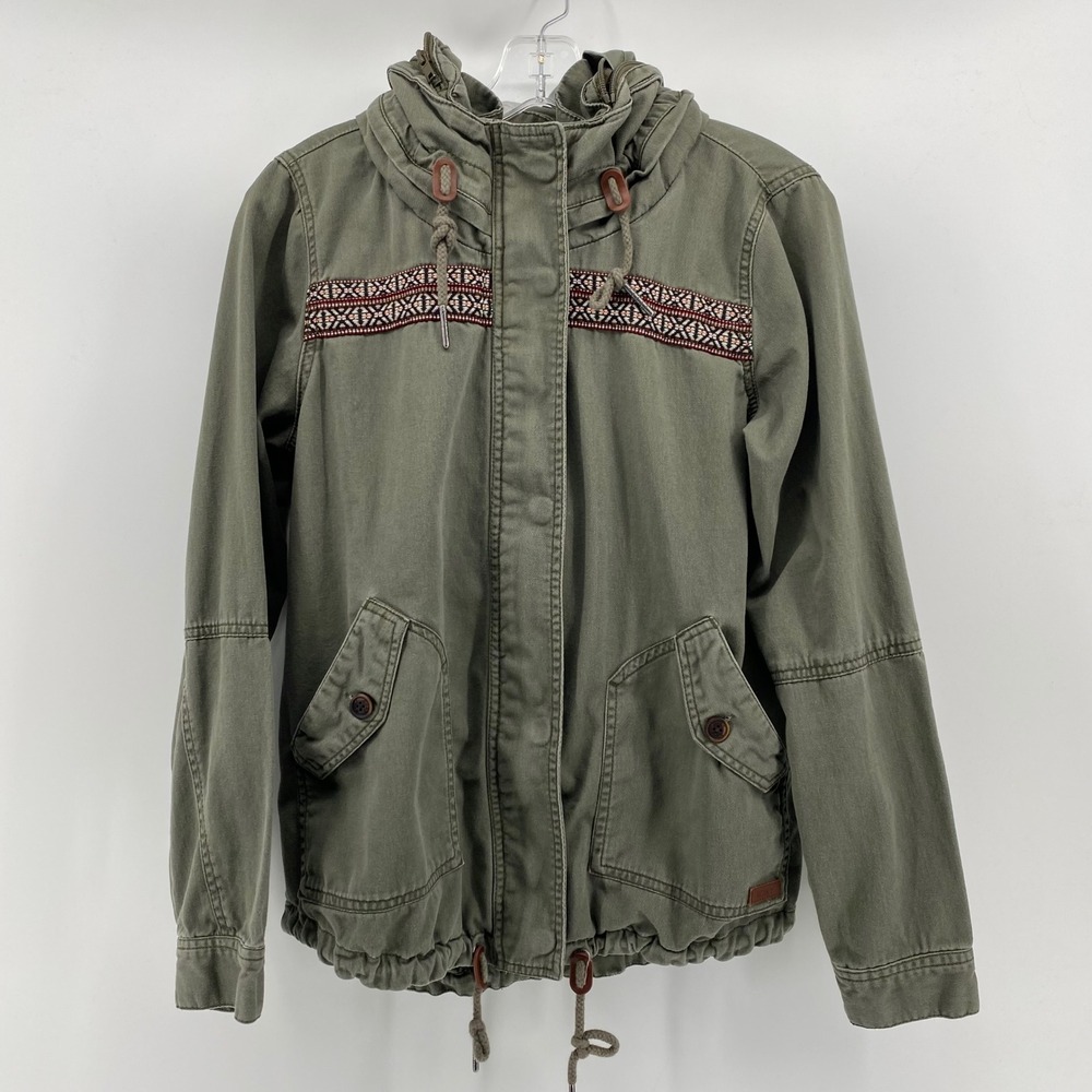 Roxy Womens Olive Green Utility Jacket Boho Woven Trim Hooded Military Coat M